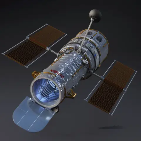 Detailed 3D model of the Hubble Space Telescope with solar panels and antenna.