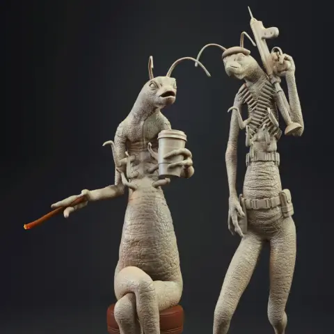 Two sci-fi worm-like creatures, one armed with a gun and the other holding a drink, in a relaxed pose.