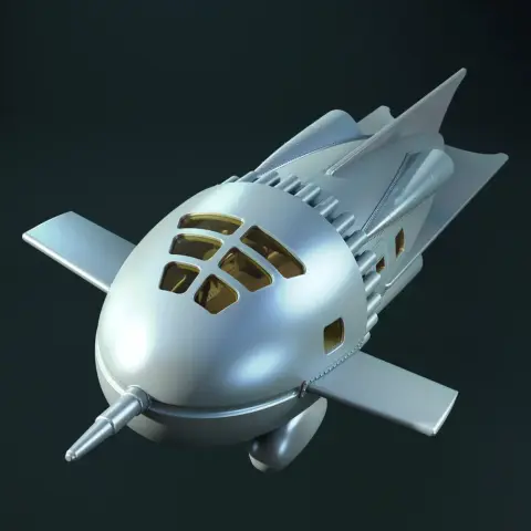 Futuristic silver rocket ship with sleek design, multiple windows, and prominent rear fins.